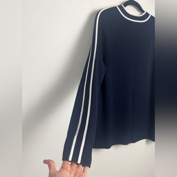 T By Talbots Large Cotton Coolmax Indigo Blue & White Tipped Mockneck Sweater - Picture 5 of 9
